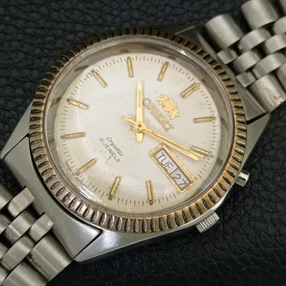 Vintage 1977 Orient Automatic Mens Silver Watch W/daydate & Gold accents